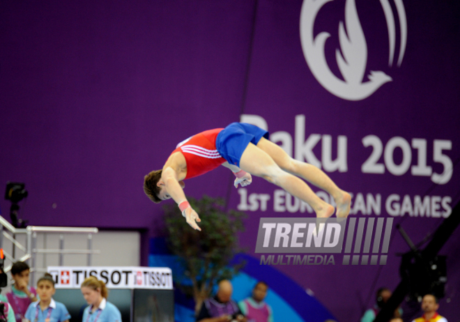 İdman gimnastikası üzrə fərdi çoxnövçülük yarışlarının finalı keçirilir. Bakı, Azərbaycan, 18 iyun 2015